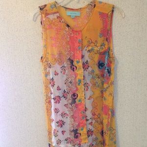 Sheer tangerine paisley print button-up tunic